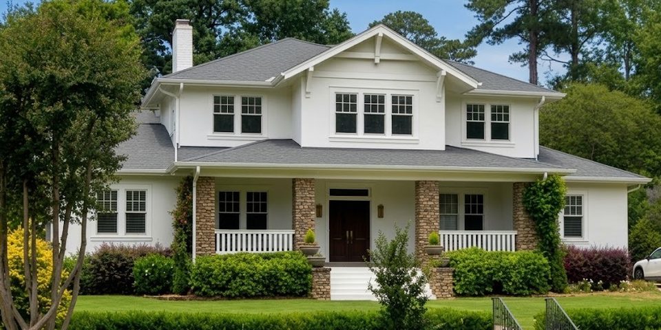 The same bungalow with a full second story added above the original roof, matching its craftsman gables, trim and porch.