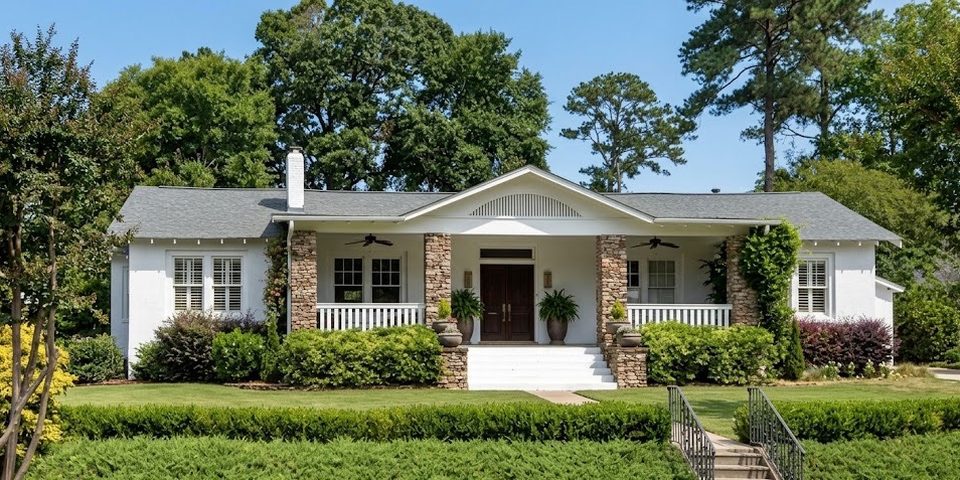 A single-story white craftsman bungalow with a stone-pillared front porch, seen from the street.